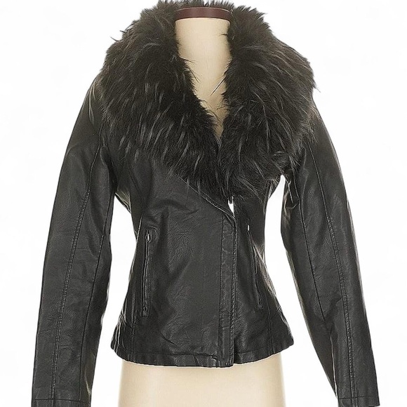 Molly Bracken Black Leather Jacket with Fur Trim - Picture 1 of 3